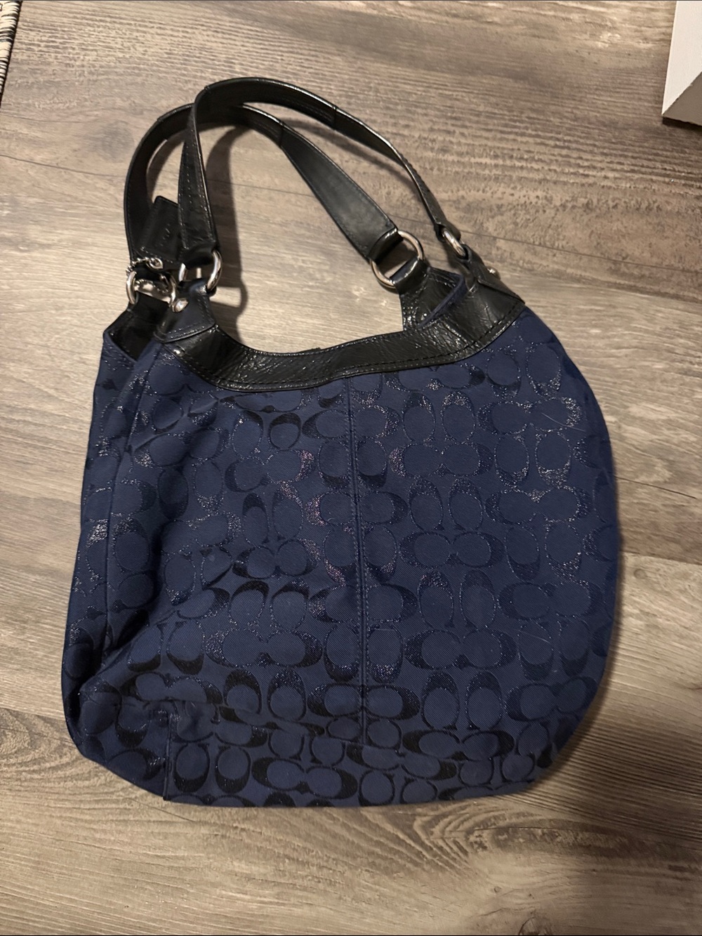 Coach Navy Signature Tote with Black Leather Trim and Buckle - Picture 2 of 4